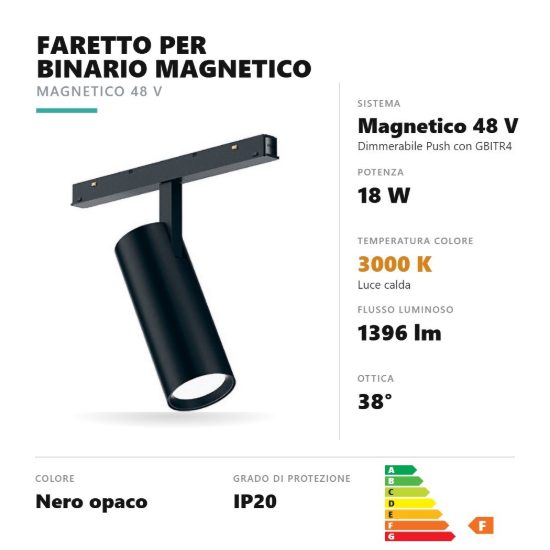 Gea luce gfa1340cd faretto per binario magnetico led 18w 3000k dimmerabile orientabile nero