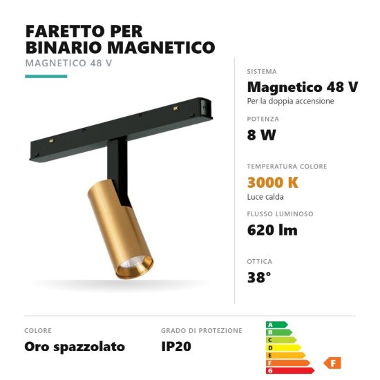 Gea luce gfa1340 faretto per binario magnetico led 8w 3000k orientabile cilindrico oro spazzolato