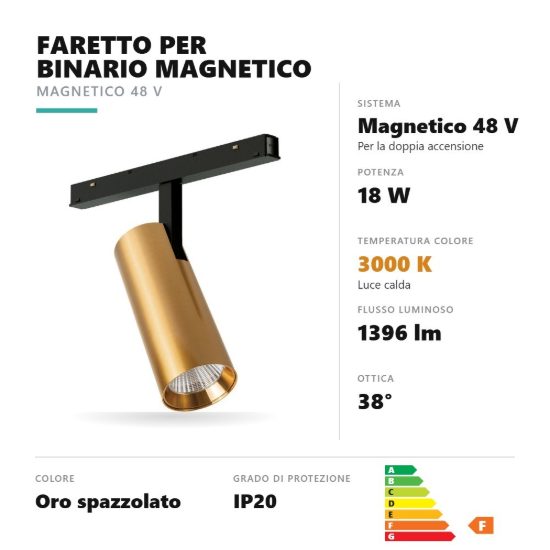 Gea luce gfa1340 faretto per binario magnetico led 18w 3000k orientabile cilindrico oro spazzolato