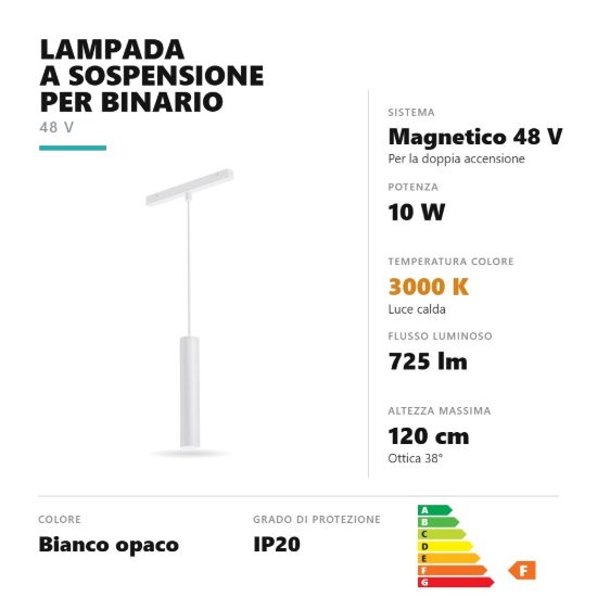 Gea luce gfa1360 lampada a sospensione piccola per binario magnetico led 10w 3000k cilindrica bianco