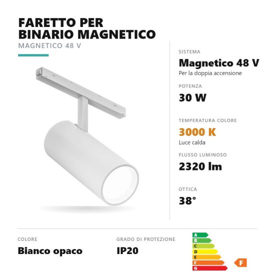 Gea luce gfa1340 faretto per binario magnetico led 30w 3000k orientabile cilindrico bianco
