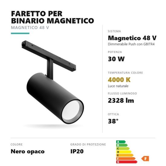 Gea luce gfa1340cd faretto per binario magnetico led 30w 4000k dimmerabile orientabile nero
