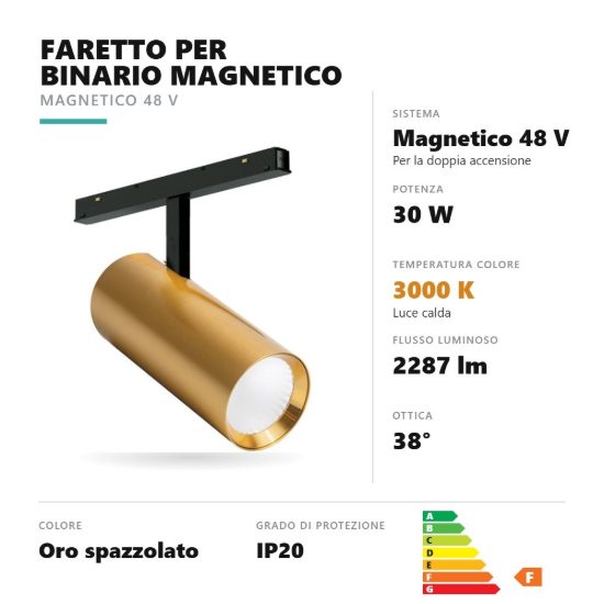 Gea luce gfa1340 faretto per binario magnetico led 30w 3000k orientabile cilindrico oro spazzolato
