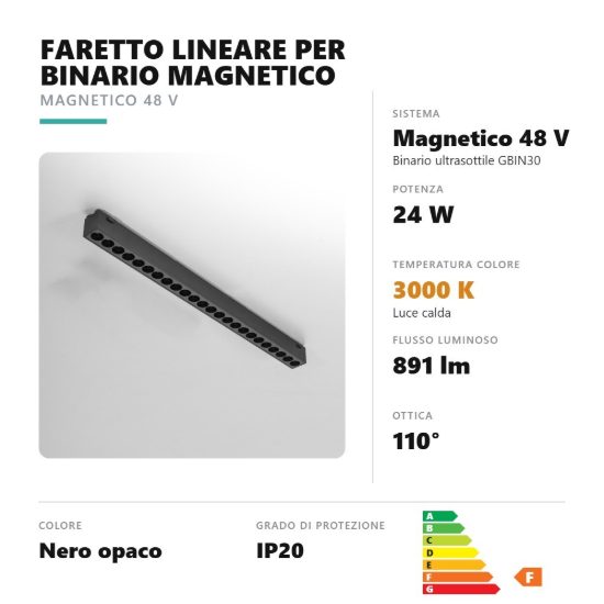 Gea luce gfa1530 faretto per binario magnetico ultrasottile led 24w 3000k antiabbaglio lineare nero