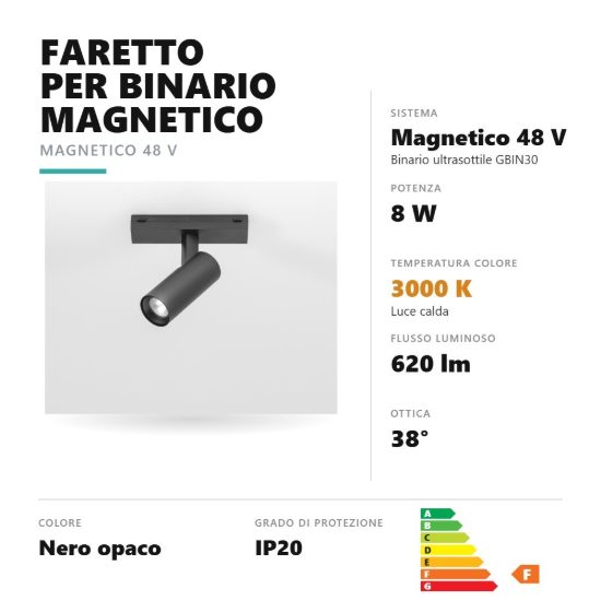 Gea luce gfa1540 faretto per binario magnetico ultrasottile led 8w 3000k orientabile nero