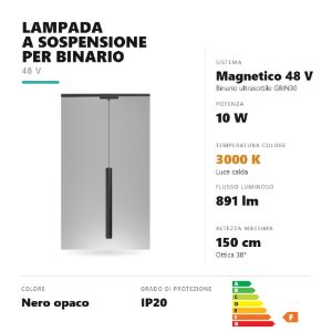 Gea luce gfa1550 lampada a sospensione per binario magnetico ultrasottile led 10w 3000k nero
