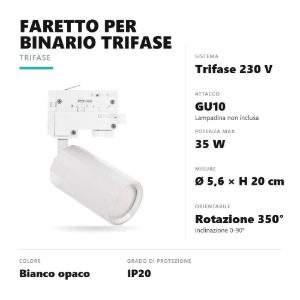 Gea luce gfa1590 faretto per binario trifase gu10 orientabile cilindrico bianco
