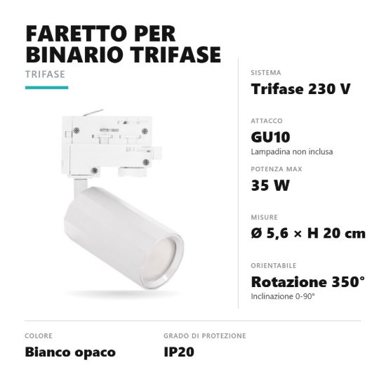 Gea luce gfa1590 faretto per binario trifase gu10 orientabile cilindrico bianco