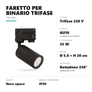 Gea luce gfa1590 faretto per binario trifase gu10 orientabile cilindrico nero