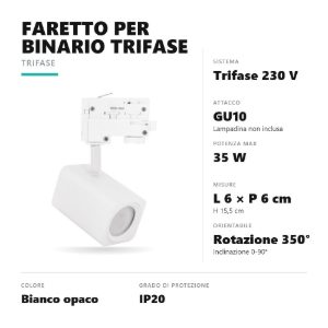 Gea luce gfa1630 faretto per binario trifase gu10 orientabile quadrato bianco