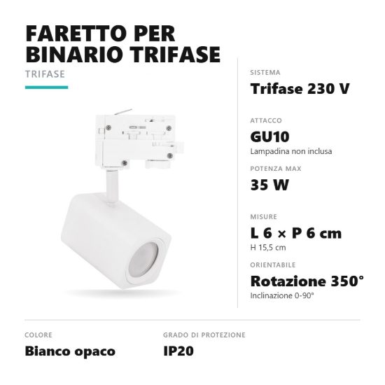 Gea luce gfa1630 faretto per binario trifase gu10 orientabile quadrato bianco