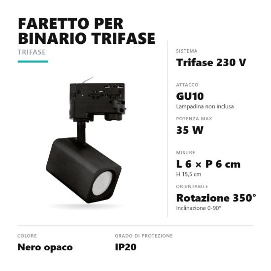 Gea luce gfa1630 faretto per binario trifase gu10 orientabile quadrato nero