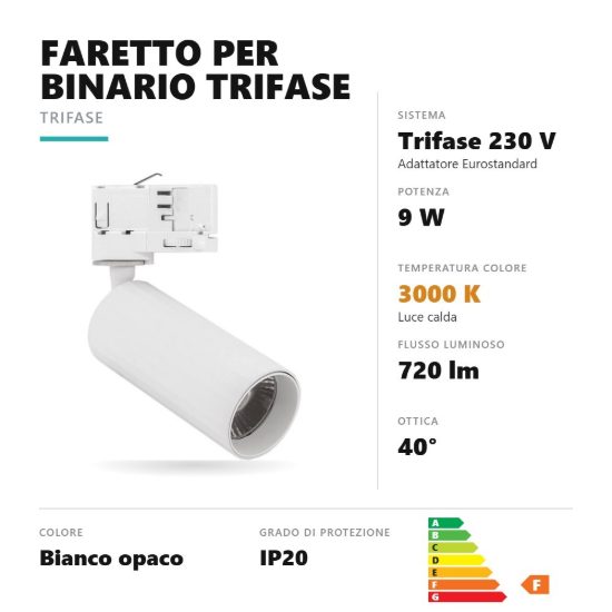 Gea luce gfa1670c faretto per binario trifase led 9w 3000k orientabile cilindrico bianco