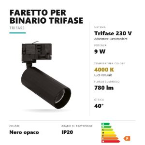 Gea luce gfa1670c faretto per binario trifase led 9w 4000k orientabile cilindrico nero