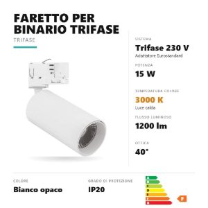 Gea luce gfa1670c faretto per binario trifase led 15w 3000k orientabile cilindrico bianco