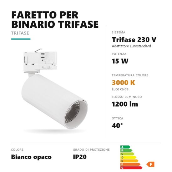 Gea luce gfa1670c faretto per binario trifase led 15w 3000k orientabile cilindrico bianco