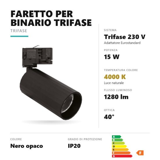 Gea luce gfa1670c faretto per binario trifase led 15w 4000k orientabile cilindrico nero