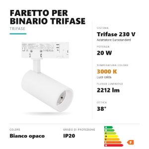 Gea luce gfa1750c faretto per binario trifase led 20w 3000k orientabile cilindrico bianco