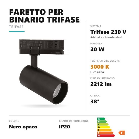 Gea luce gfa1750c faretto per binario trifase led 20w 3000k orientabile cilindrico nero