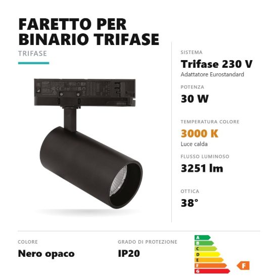 Gea luce gfa1750c faretto per binario trifase led 30w 3000k orientabile cilindrico nero