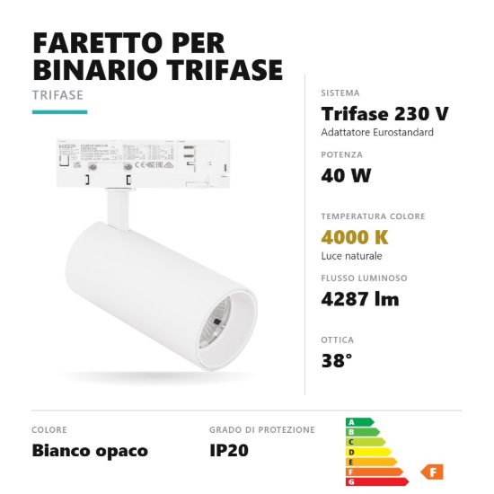 Gea luce gfa1750c faretto per binario trifase led 40w 4000k orientabile cilindrico bianco