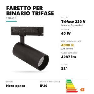 Gea luce gfa1750c faretto per binario trifase led 40w 4000k orientabile cilindrico nero