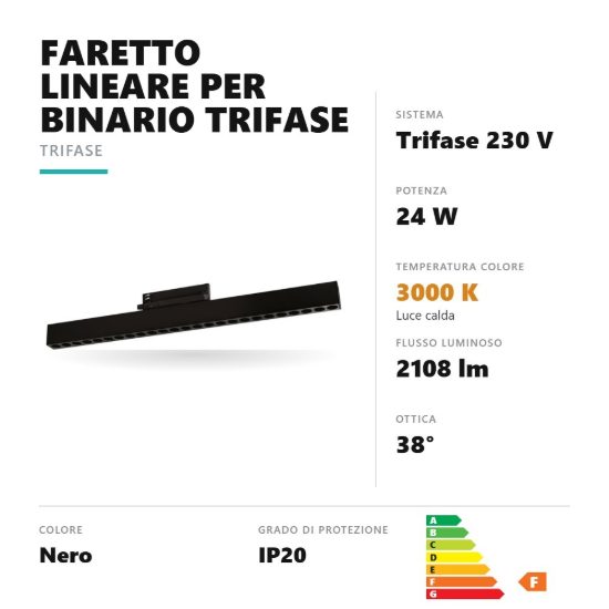 Gea luce gfa1760c faretto per binario trifase led 24w 3000k orientabile antiabbaglio lineare nero