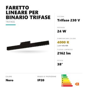 Gea luce gfa1760c faretto per binario trifase led 24w 4000k orientabile antiabbaglio lineare nero