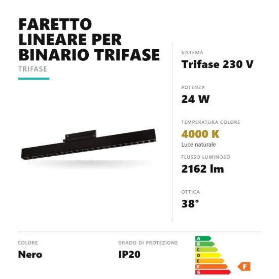 Gea luce gfa1760c faretto per binario trifase led 24w 4000k orientabile antiabbaglio lineare nero