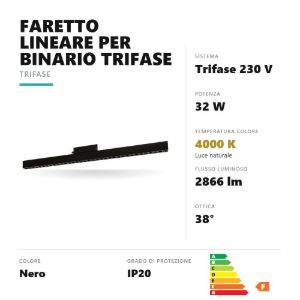Gea luce gfa1760c faretto per binario trifase led 32w 4000k orientabile antiabbaglio lineare nero
