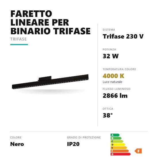 Gea luce gfa1760c faretto per binario trifase led 32w 4000k orientabile antiabbaglio lineare nero
