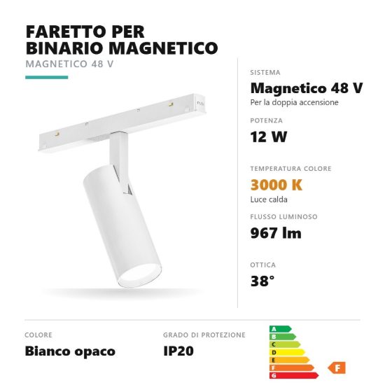 Gea luce gfa1340 faretto per binario magnetico led 12w 3000k orientabile cilindrico bianco