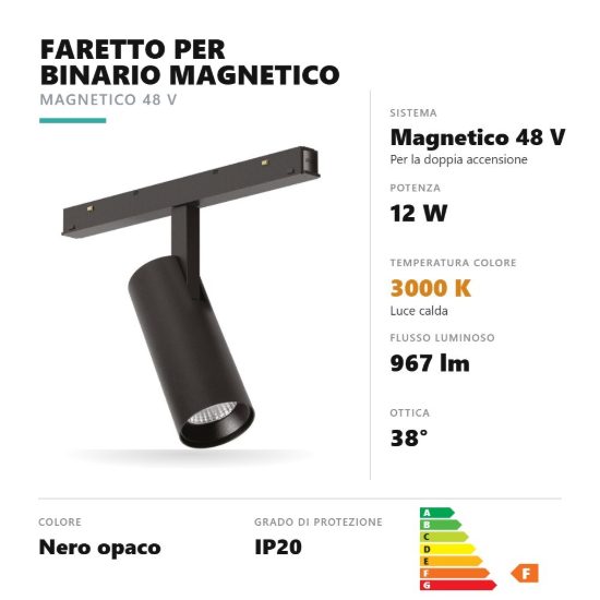 Gea luce gfa1340 faretto per binario magnetico led 12w 3000k orientabile cilindrico nero