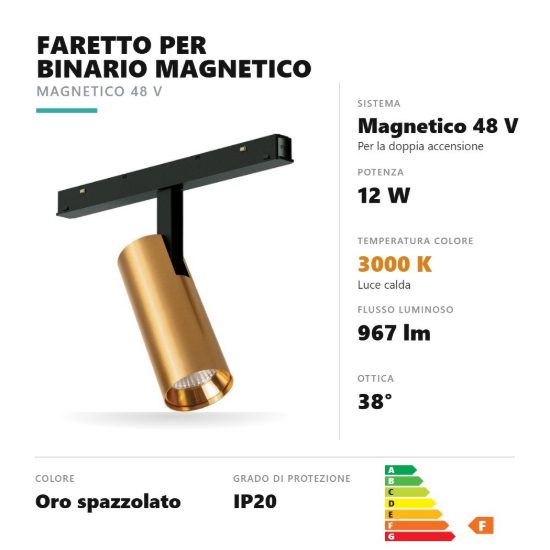 Gea luce gfa1340 faretto per binario magnetico led 12w 3000k orientabile cilindrico oro spazzolato