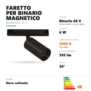 Gea luce gfa1790 faretto per binario magnetico led 6w 3000k orientabile cilindrico nero satinato