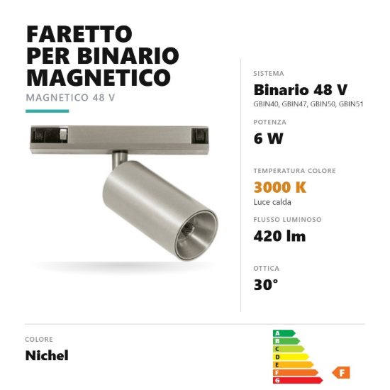 Gea luce gfa1790 faretto per binario magnetico led 6w 3000k orientabile cilindrico nichel