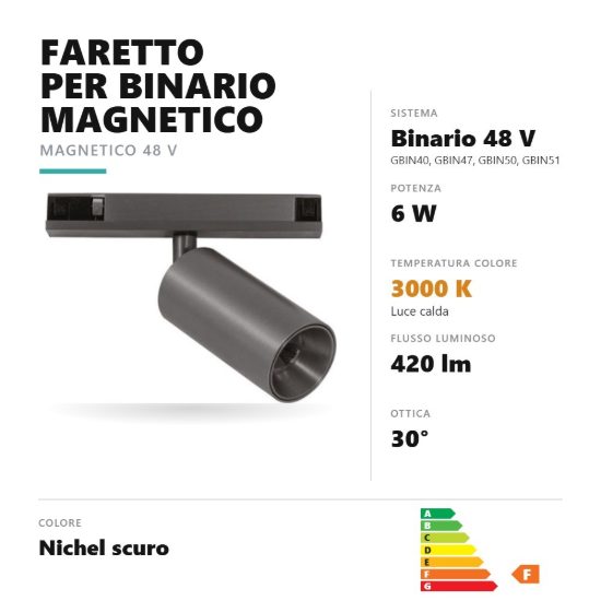 Gea luce gfa1790 faretto per binario magnetico led 6w 3000k orientabile cilindrico nichel scuro