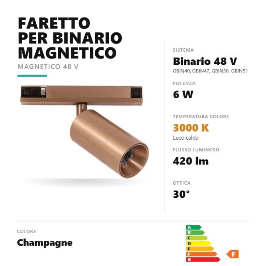 Gea luce gfa1790 faretto per binario magnetico led 6w 3000k orientabile cilindrico champagne