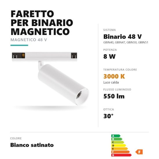Gea luce gfa1790 faretto per binario magnetico led 8w 3000k orientabile cilindrico bianco satinato