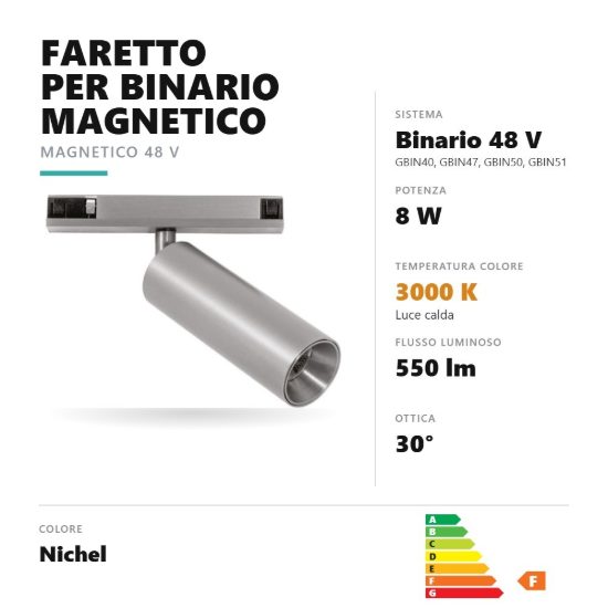 Gea luce gfa1790 faretto per binario magnetico led 8w 3000k orientabile cilindrico nichel