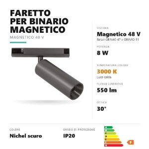 Gea luce gfa1790 faretto per binario magnetico led 8w 3000k orientabile cilindrico nichel scuro