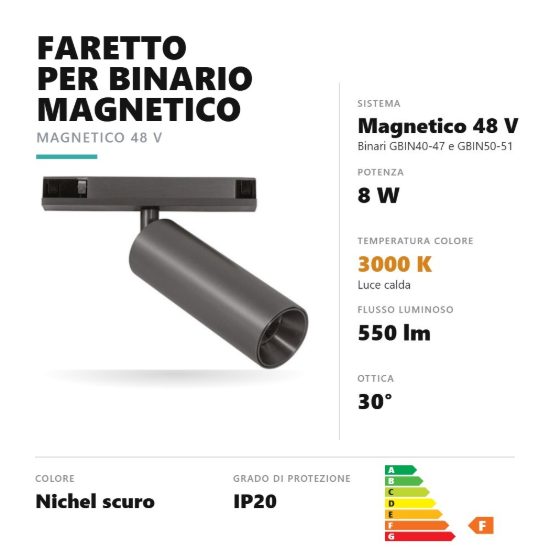 Gea luce gfa1790 faretto per binario magnetico led 8w 3000k orientabile cilindrico nichel scuro