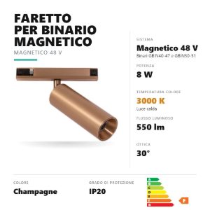 Gea luce gfa1790 faretto per binario magnetico led 8w 3000k orientabile cilindrico champagne