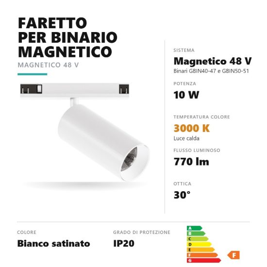 Gea luce gfa1790 faretto per binario magnetico led 10w 3000k orientabile cilindrico bianco satinato