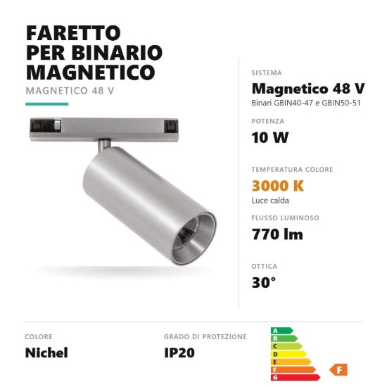 Gea luce gfa1790 faretto per binario magnetico led 10w 3000k orientabile cilindrico nichel
