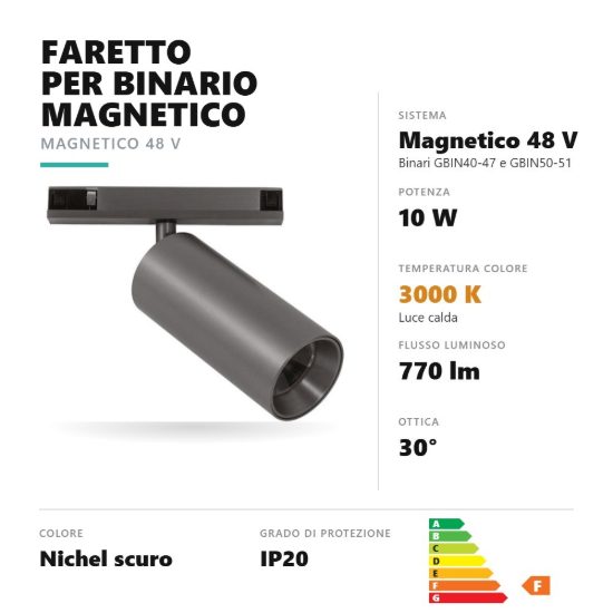 Gea luce gfa1790 faretto per binario magnetico led 10w 3000k orientabile cilindrico nichel scuro