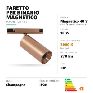 Gea luce gfa1790 faretto per binario magnetico led 10w 3000k orientabile cilindrico champagne