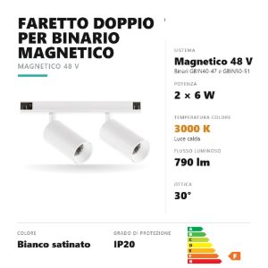 Gea luce gfa1820 faretto doppio per binario magnetico led 12w 3000k orientabile bianco satinato