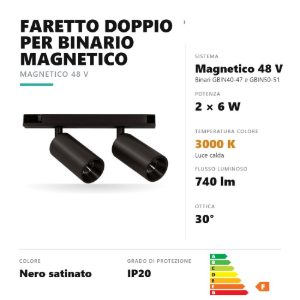 Gea luce gfa1820 faretto doppio per binario magnetico led 12w 3000k orientabile nero satinato