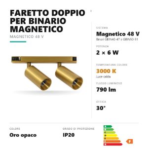 Gea luce gfa1820 faretto doppio per binario magnetico led 12w 3000k orientabile oro